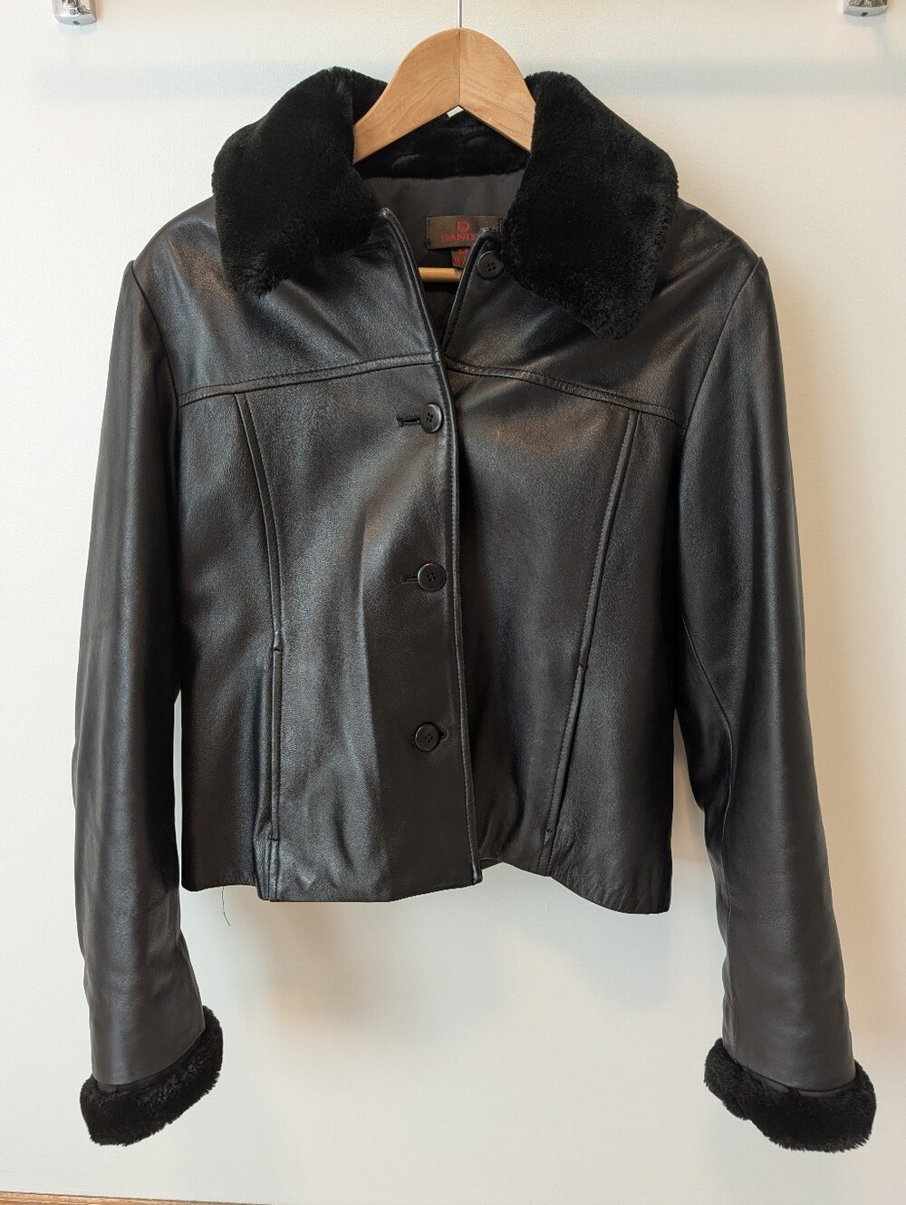 Danier Black Leather Jacket with Removable Faux Fur Trim Lining